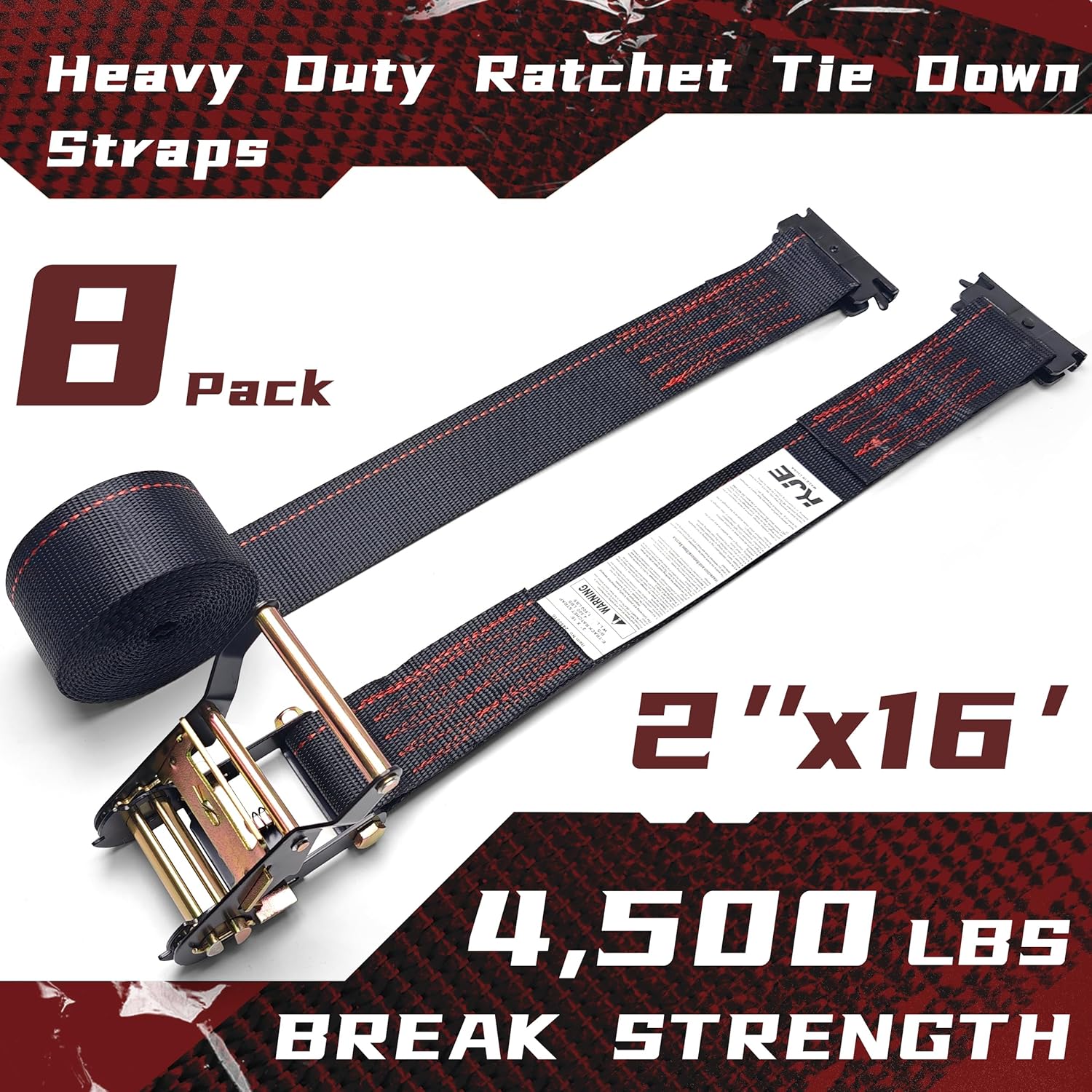 KJE E-Track Ratchet Straps, 8 Pack Black 2" x16' Heavy Duty Cargo Tie-Downs, 4500LBS Breaking Strength, Standard E Track Fitting Tie Down Ratcheting Strap for Cargo Vans, Trucks, Trailers - Image 2