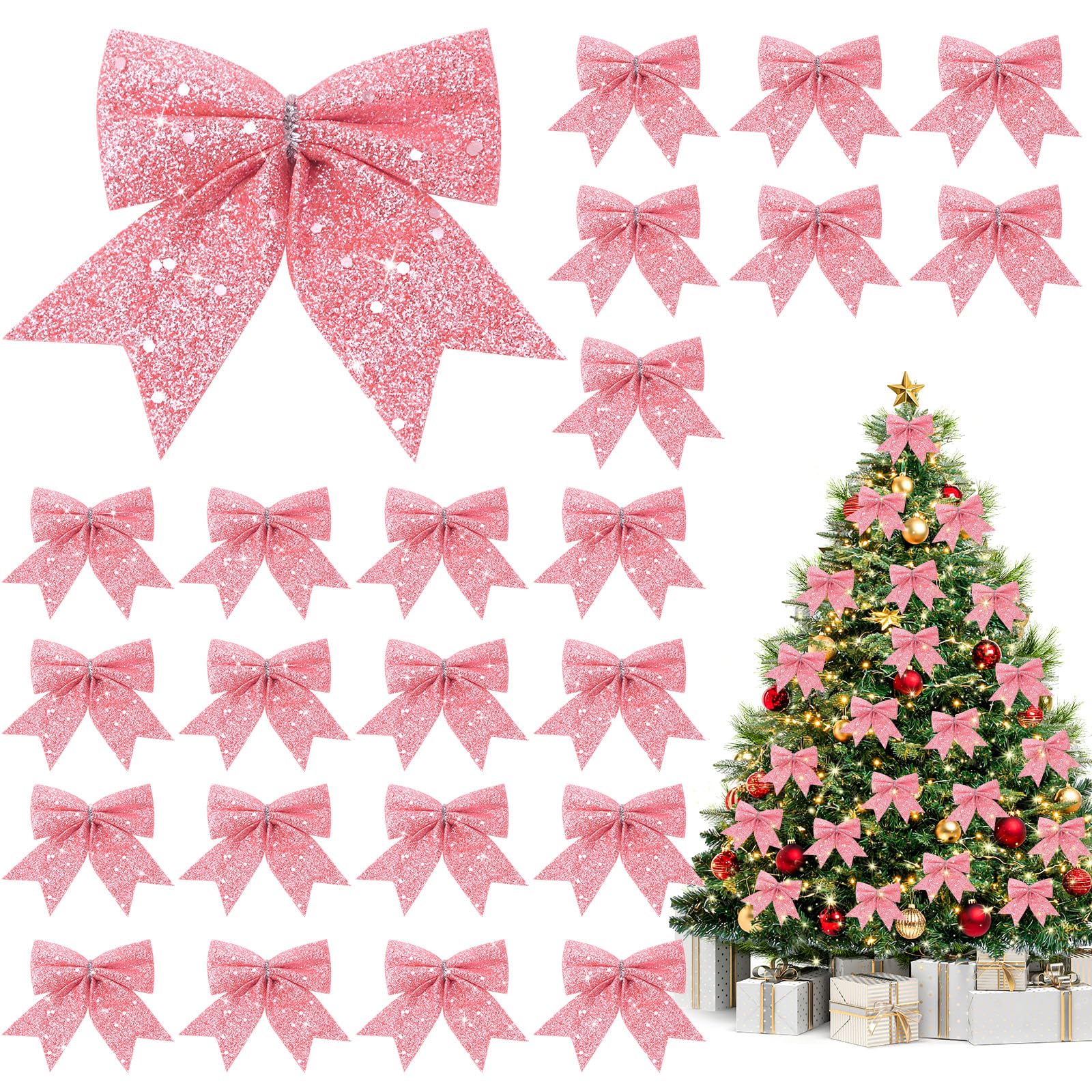Shining She Glitter Pink Christmas Bows Decorations, Small Christmas Tree Bow Ornaments, Sequin Bow Ties for Xmas Wreaths, Garland, Tree Decoration (Pink 24PCS Mini)
