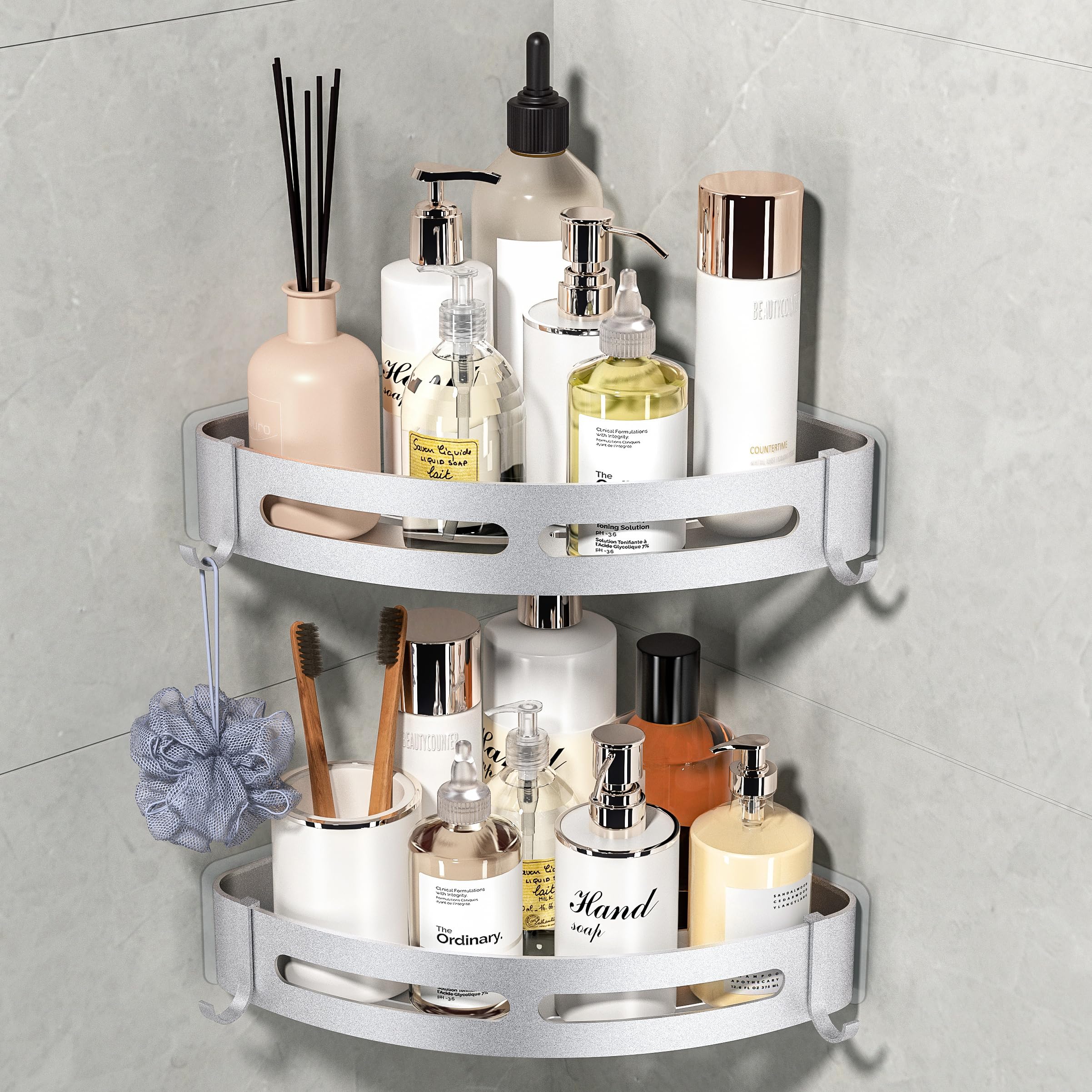 Mayhomy Shower Shelves Corner Caddy - 2 Piece No-Drill Shower Rack, Adhesive Bathroom Shelf Organizer with 4 Hooks (Gloss Silver)