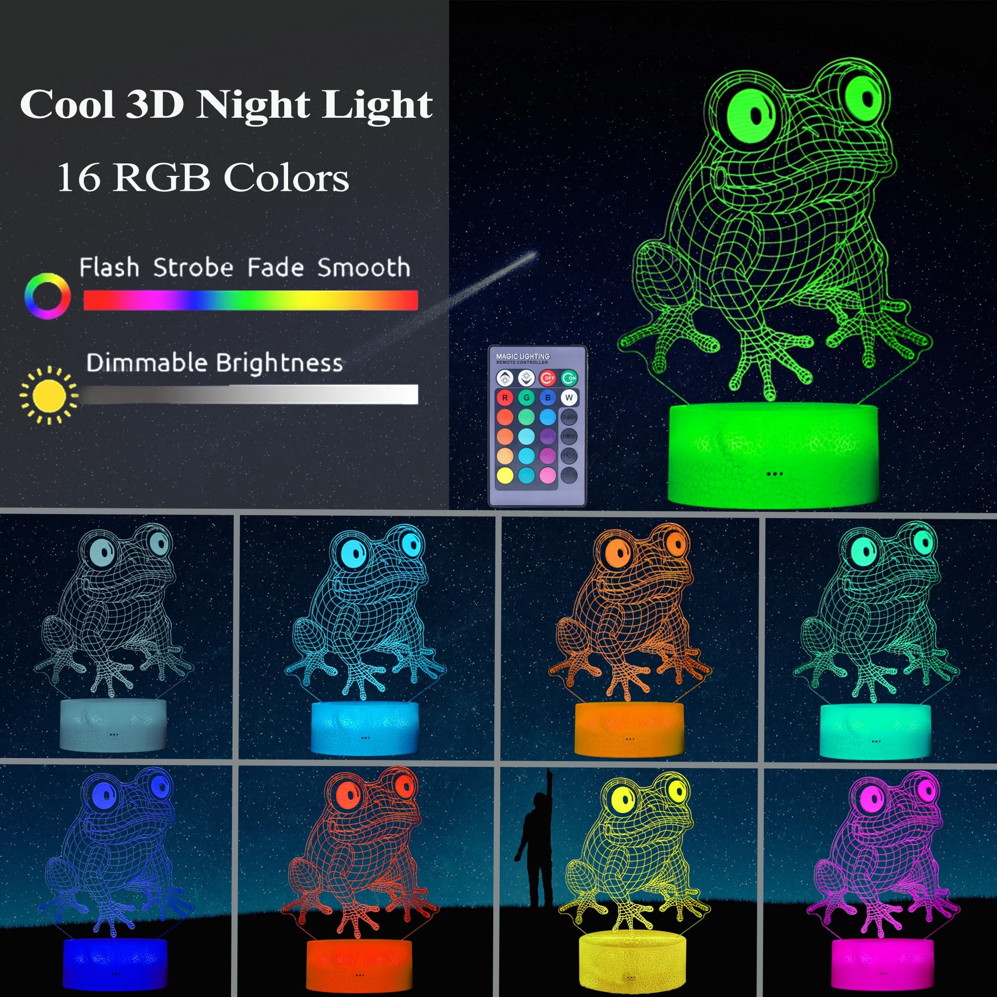 POSSHE Cute Frog Night Light Frog Gifts 3D Illusion Lamp RGB Color Changing Remote Control Timer Dimmable Nursery Decoration Baby Light Room Decor Kids Gifts - Image 2