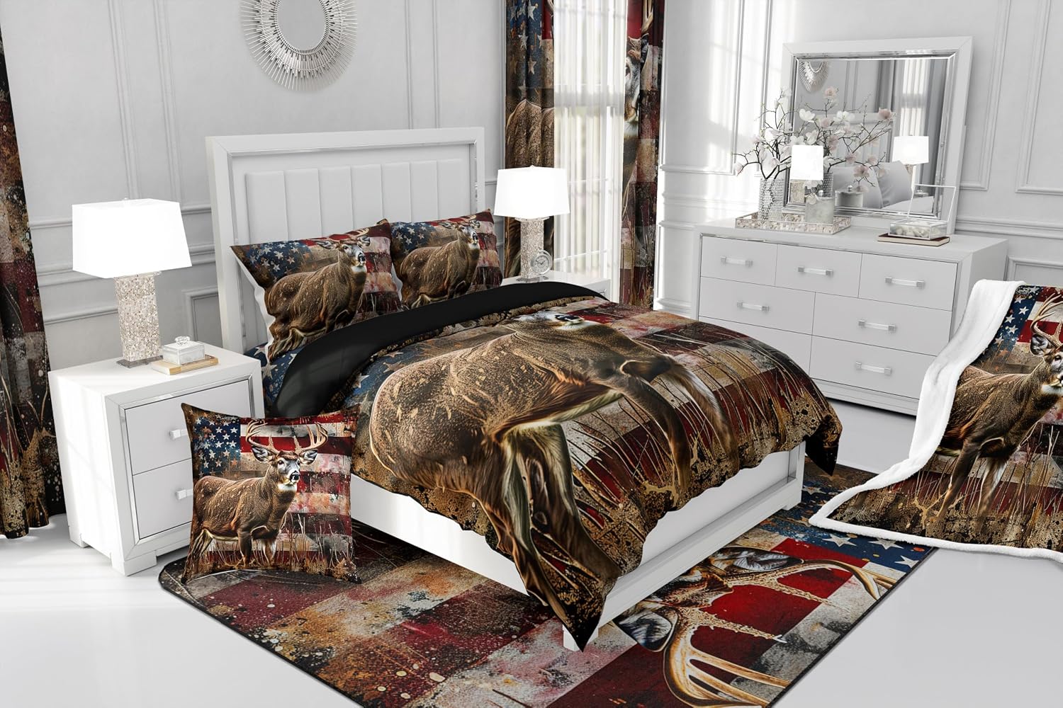 Feelyou Wild Animal Deer Accent Rug American Flag Living Room Rugs for Kids US Stars Stripes Flags Accent Rug Area Rug 5x7