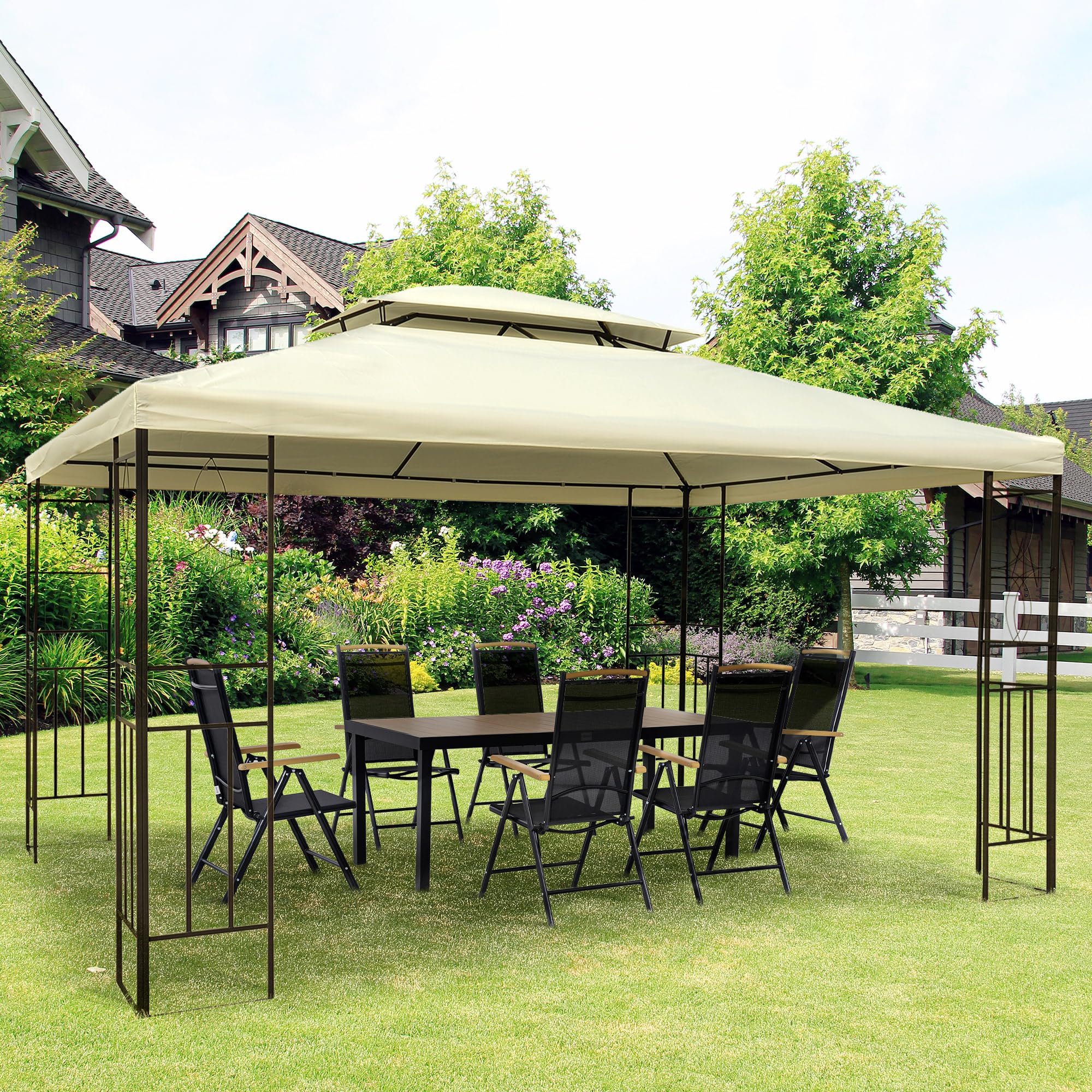 Outsunny Cenador de Jardín 3x4m Pabellón para Exterior con Doble Techo de Ventilación y 4 columnas de acero Estable para Fiestas Eventos Patio Crema