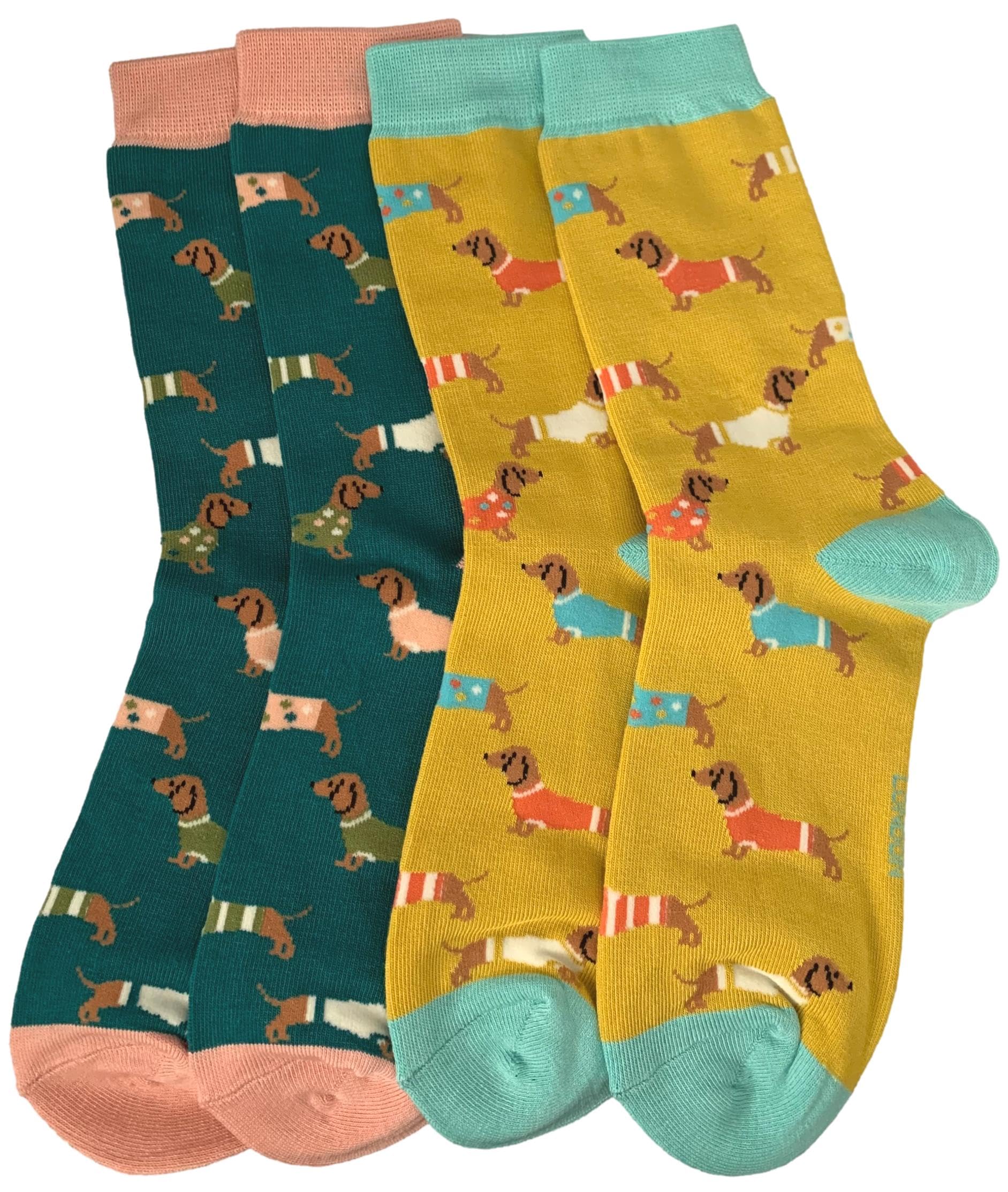 Purple Possum Women's Yellow, Mustard, Mustard Yellow Purple Possum® Sausage Dog Socks 2 Pair Pack Dachshund Dogs Yellow Green Pink Bamboo Cotton Novelty Socks