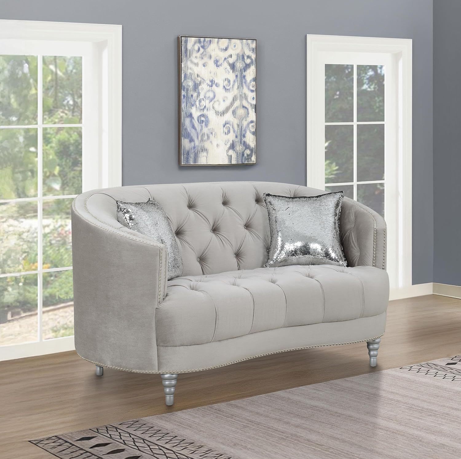 Coaster Home Furnishings - Avonlea - Velvet & Wood - Loveseat with Sloped Arms and Rhinestone Tufting - Living Room - Gray - 508462