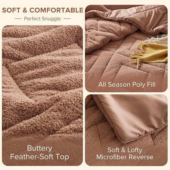 Comfort Spaces Queen Comforter Set Reversible Feather-Soft Plush Comforters for Queen Size Bed All Season Lightweight Shearling Fleece Sherpa Comforter Queen Size Bed Set, Full/Queen, Brown 3 Piece
