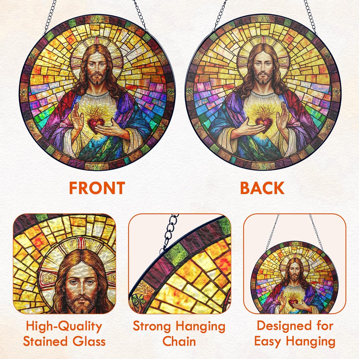 FLAGWIX Christian Gifts for Women Faith - Sacred Heart Stained Glass Window Hanging 8 in - Birthday Catholic Religious Gifts, Suncatchers Windows Hanging, Spiritual Suncatcher Home Garden Decor - Image 4