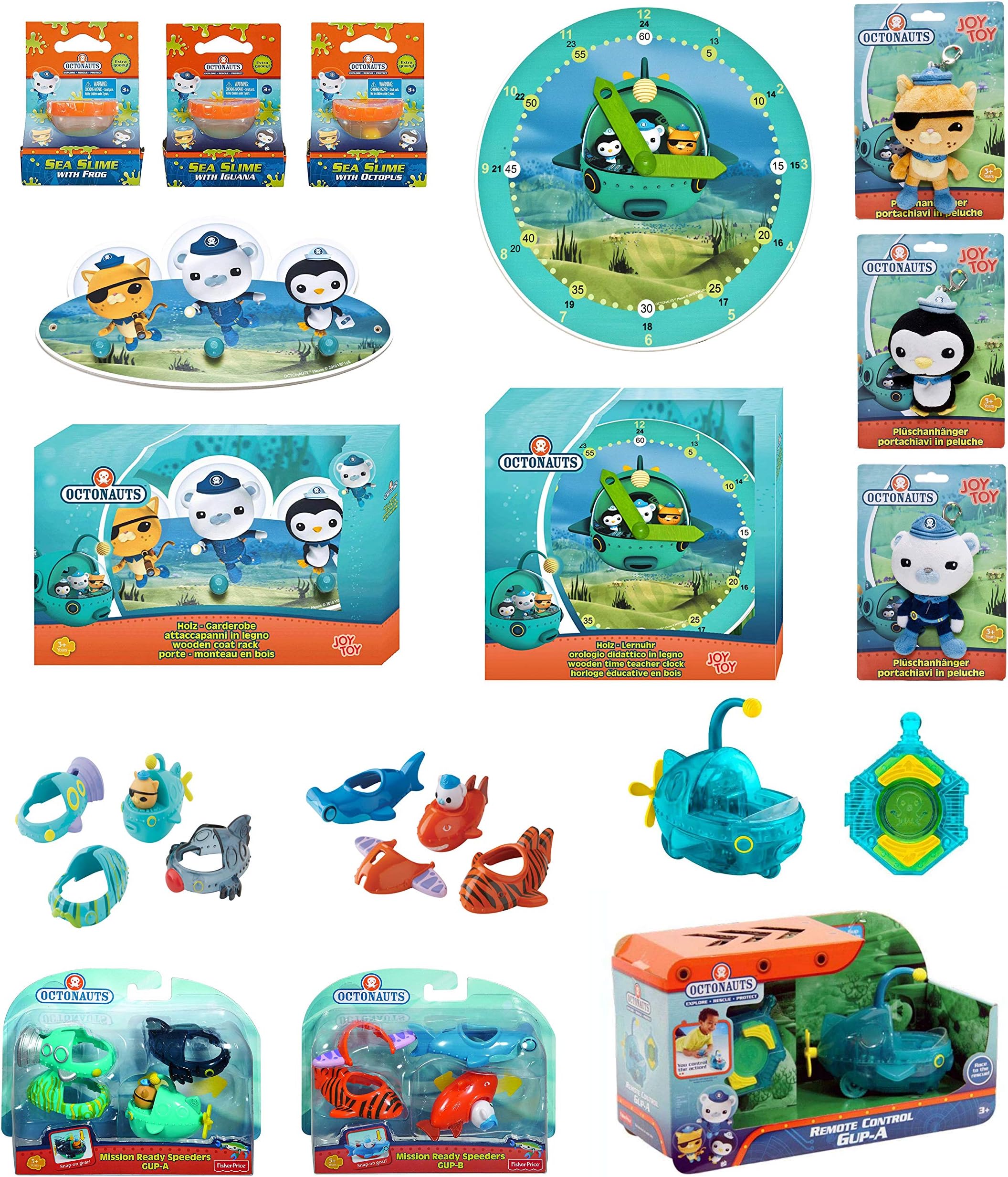 Octonauts 11 Piece Mega Set - Remote Control GUP-A, Mission Ready Speeders A & B, 3 Sea Slime, 3 Plush Keychains, Coat Rack & Wooden Time Teacher Clock