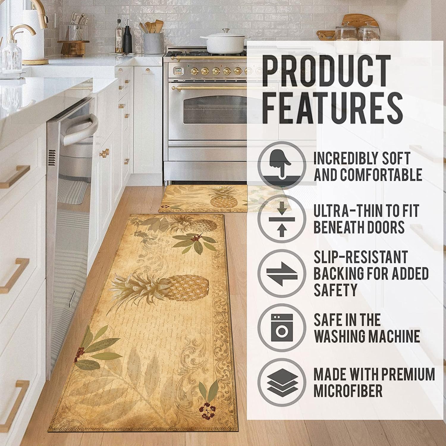 Boho Pineapple Kitchen Rugs and Mats for Floor 2 Piece Sets, Anti Fatigue Floor Mat in Front of Sink for Standing for Kitchen Decor 17"X30"+17"X47"