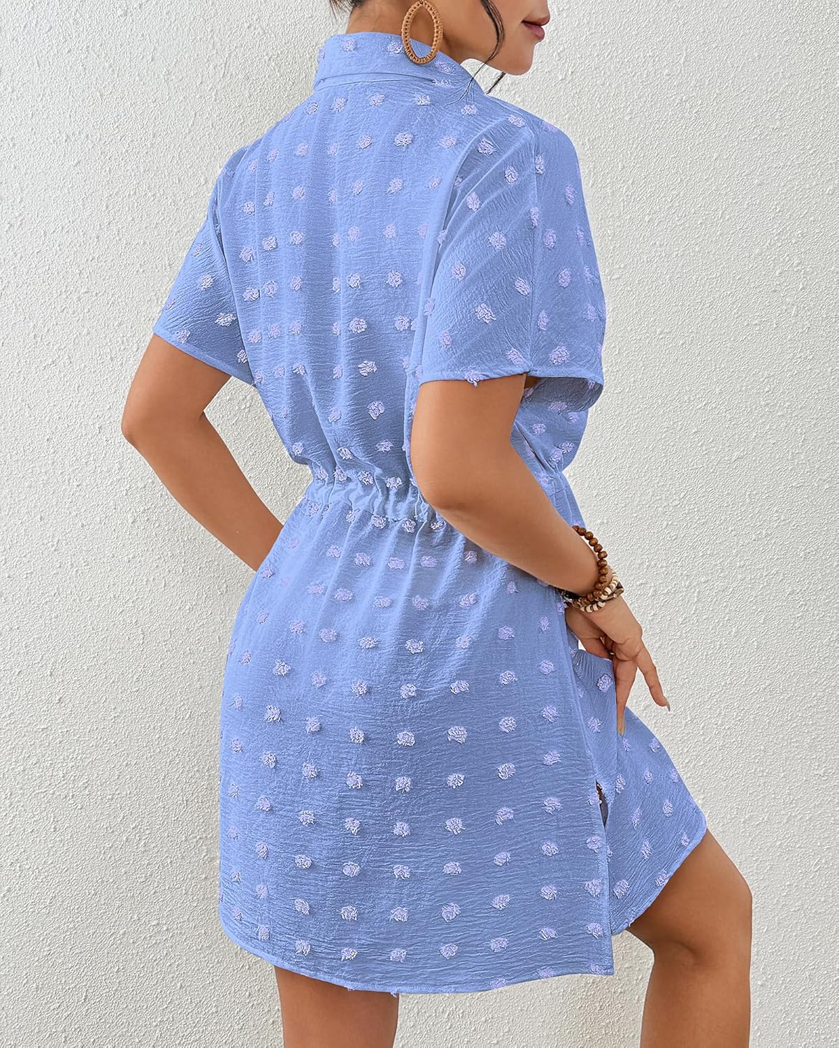 Bsubseach Women's Swimsuit Coverup Swiss Dot Button Down Drawstring Beach Shirt Dress 2026 Resort Wear Bathing Suit Cover Up