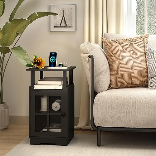 Miniatura 2 de Mesita de noche con estación de carga, mesa auxiliar con puertos USB y tomas, mesita de noche con almacenamiento para dormitorio, sala de estar,