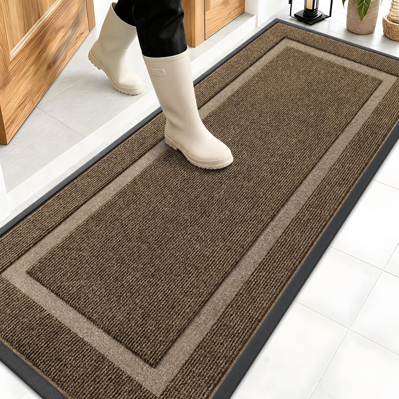 OLANLY Front Door Mat Outside 59x20, All-Season Heavy-Duty Rubber Doormat | Brown, Absorbent, Stain and Fade Resistant, Waterproof Non-Slip Backing, Low-Profile Indoor Outdoor Floor Mat for Entryway