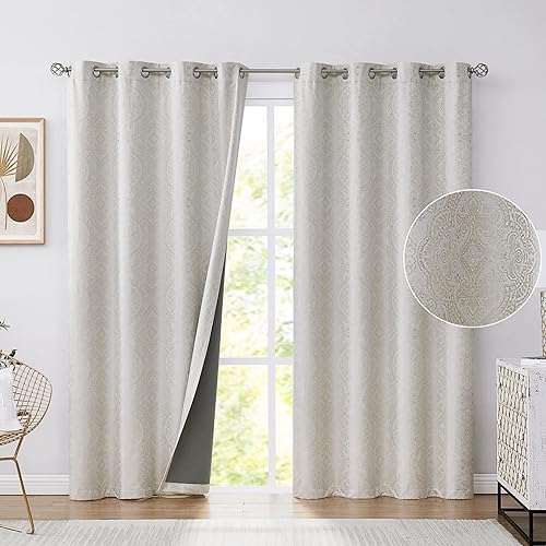 Miniatura 1 de Muse Dream Cortinas opacas con estampado de medallones para dormitorio, lino beige, floral, damasco, diseño europeo, de lujo, con aislamiento