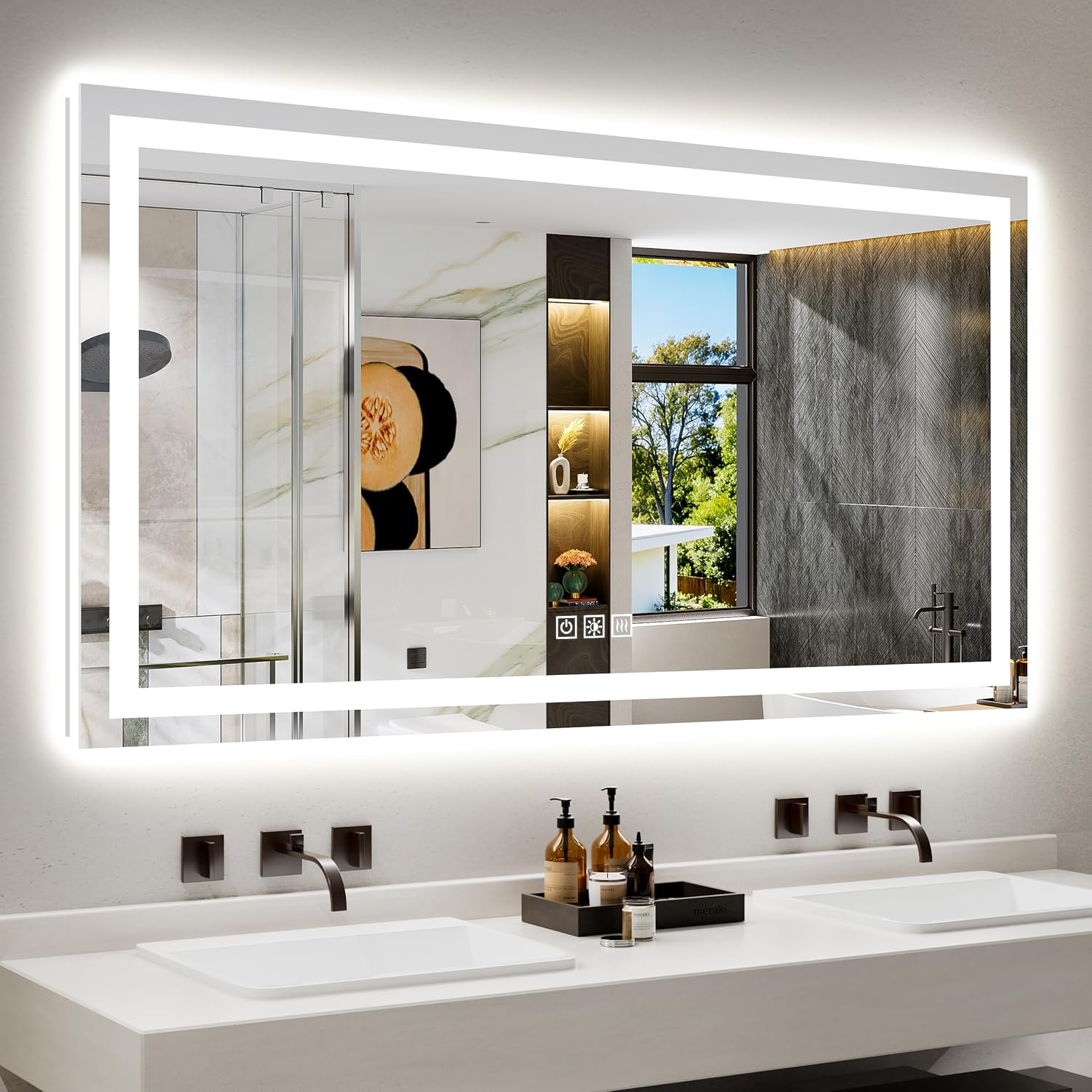 55x30 Inch LED Bathroom Mirror with Lights, Led Mirror for Bathroom with Backlit + Front Lit, Lighted Vanity Mirror for Wall, Anti-Fog, 3 Colors, Dimmable, Tempered Glass