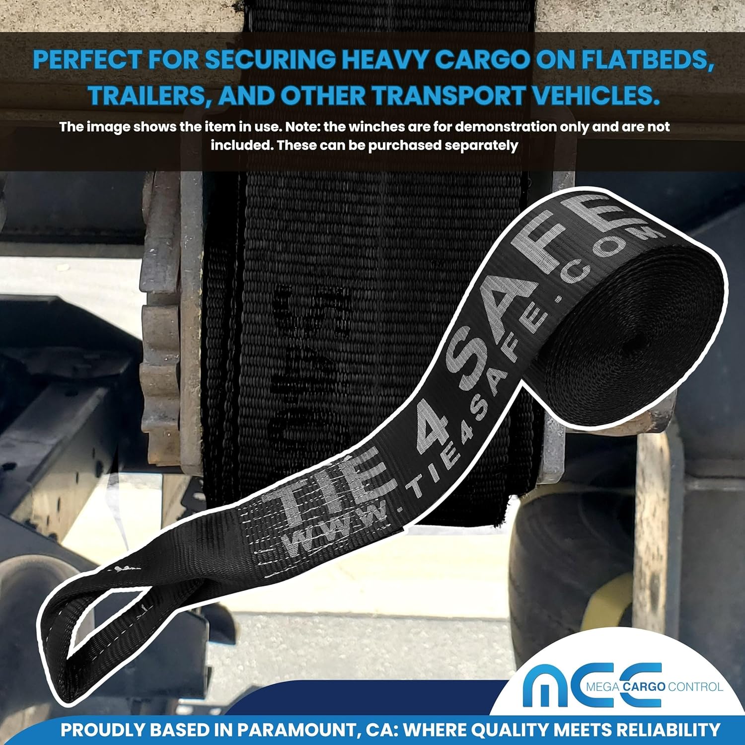 Mega Cargo Control 4" Winch Strap with Twisted Sewn Loop, 50 Feet Long, Heavy Duty Trailer Tie Down for Safe Cargo Securement, Loop End Fitting for Easy Attachment, Black (4 - Pack)