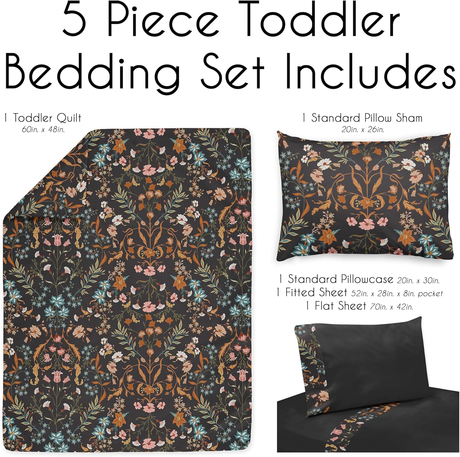 Sweet Jojo Designs Boho Wildflower Vintage Floral Girl Toddler Bedding Set 5p Bed in a Bag Comforter Blanket Pillowcase Sham Sheets Black Orange Teal Bohemian Farmhouse Botanical Paisley Cottagecore