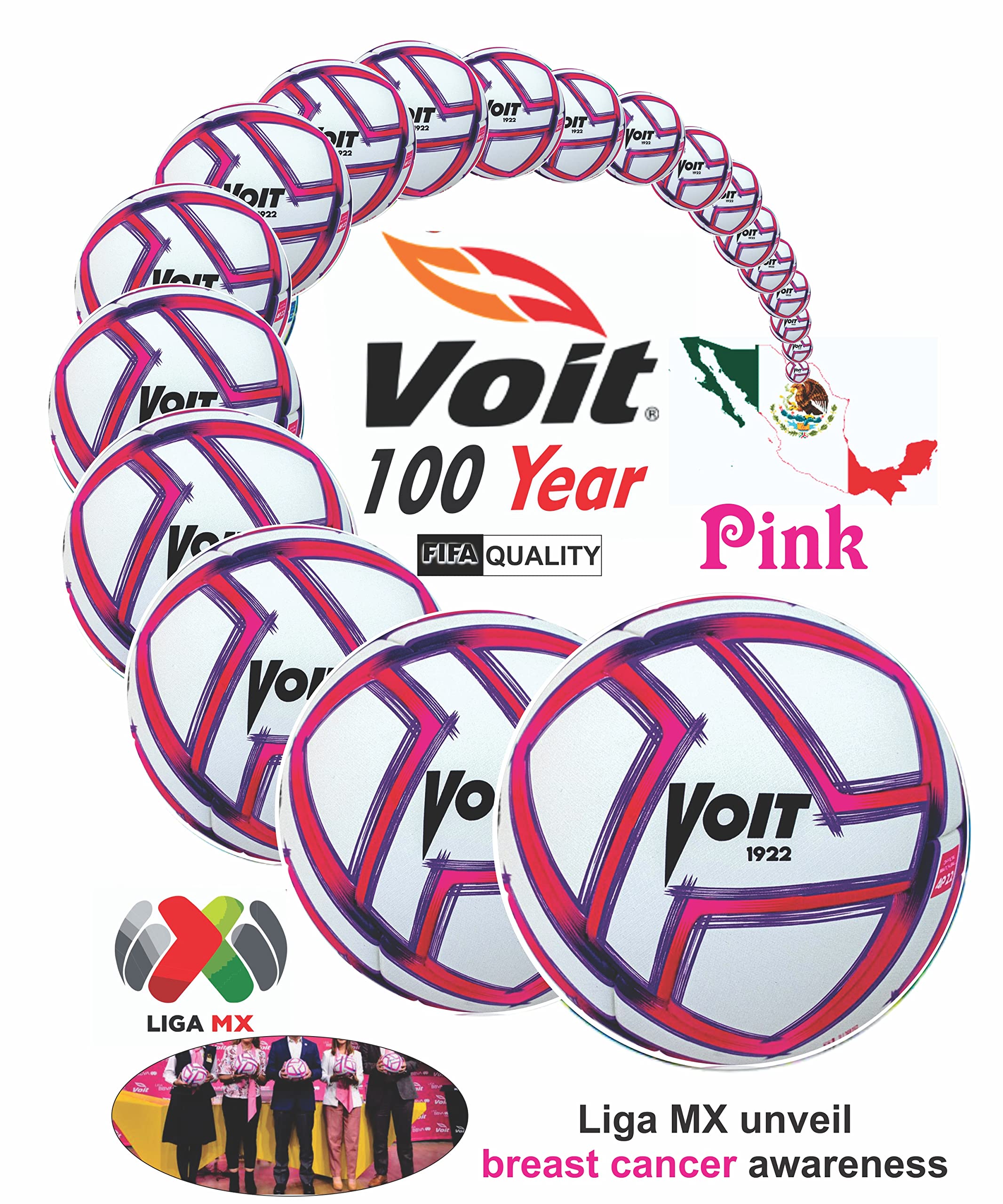 Voit Fußball, Größe 5, FIFA-Qualität, hitzeversiegelter rosa Ball für Liga MX-Fußbälle, 20-Panel-Butylblasen-Design, spielen Sie bei jedem Spiel mutig mit Zweck mit dem ikonischen rosa Fußball