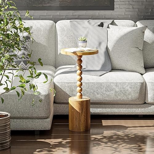 Miniatura 5 de Mesa auxiliar de pedestal de granja, mesa de bebida de madera rústica con base, mesa redonda de Martini para espacio pequeño, sala de estar,