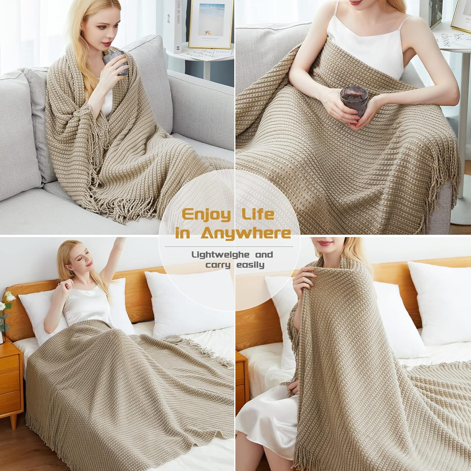 Blagic Knitted Throw Blanket for Couch,Soft Farmhouse Throw Blanket with Tassels,Home Decorative Lightweight Throw Blankets,Camel Throws for Bed/Chair/Sofa, 50" W x 60" L - Image 4
