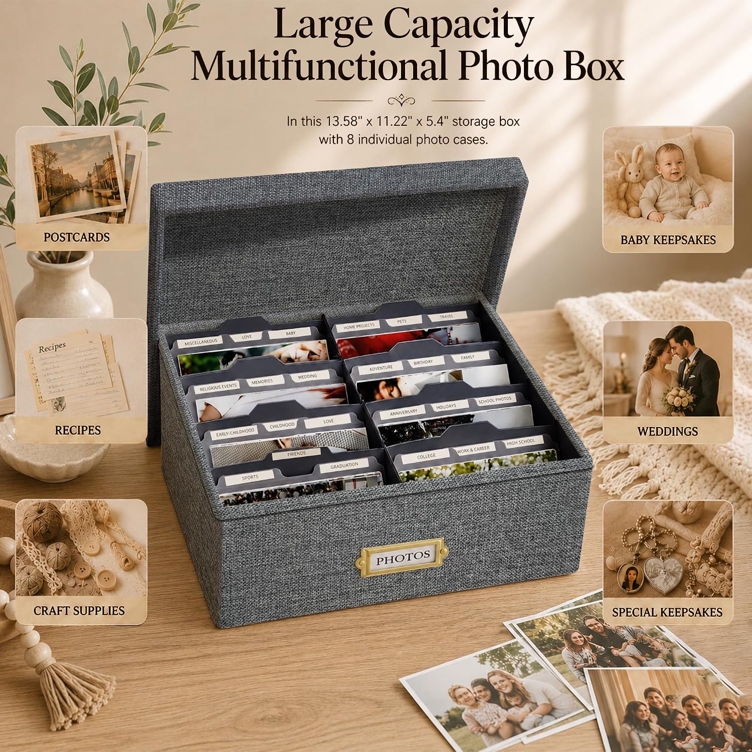 Linen Photo Storage Box, Large Capacity Organizer Box, Storage Holds 1700 Picture, with 24 Adjustable Dividers, 144 Labels(72 Blank for DIY) Fabric Picture Box for Photos, Envelopes, Recipes Grey