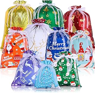 36PCS Christmas Drawstring Gift Bags, Christmas Wrapping Bags with 10 Design, 5 Sizes Xmas Gift Bags, Large Medium Small Mini Xmas Bags for Presents Holiday Decorations Birthday Party