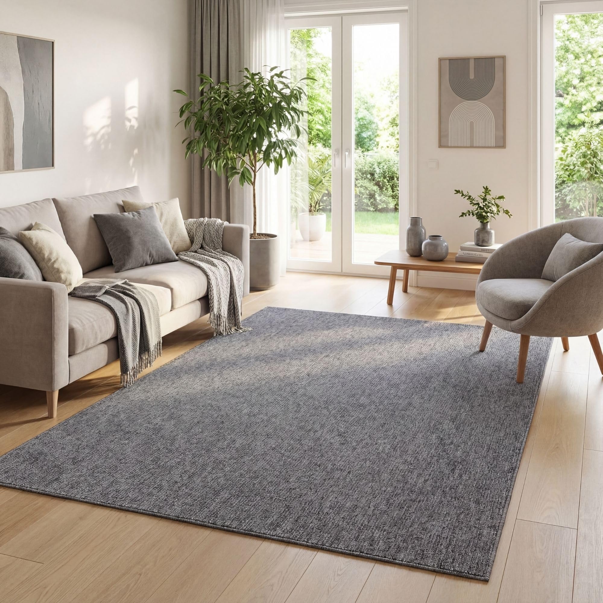 THE RUGS Low Pile Area Rugs – Modern Indoor Rugs for Living Room, Bedroom, Dining Room, Entryway – Non-Shedding (Grey, 240x340 cm)