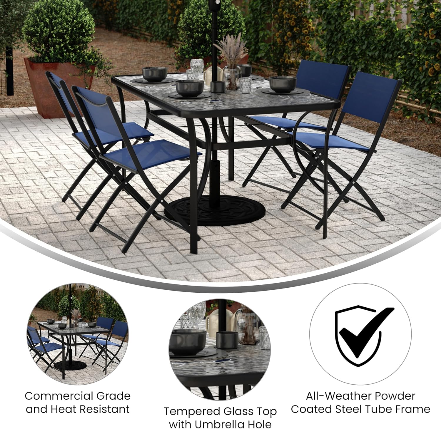 EMMA + OLIVER Tala Rectangular Tempered Glass-Top Patio Table, All-Weather Construction, Heat-Resistant Top, Sturdy Steel Frame, 35" x 59", Black