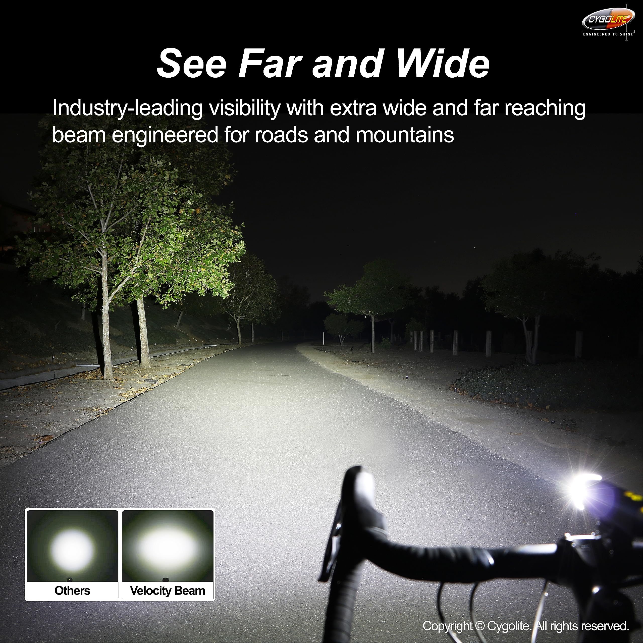 Cygolite Velocity Pro Lampe de vélo 1 600 lumens – Alliage d'aluminium anodisé – 9 modes d'éclairage – Luminosité réglable fine – Compact, étanche IP67 – Support rigide sécurisé – Recharge USB-C –
