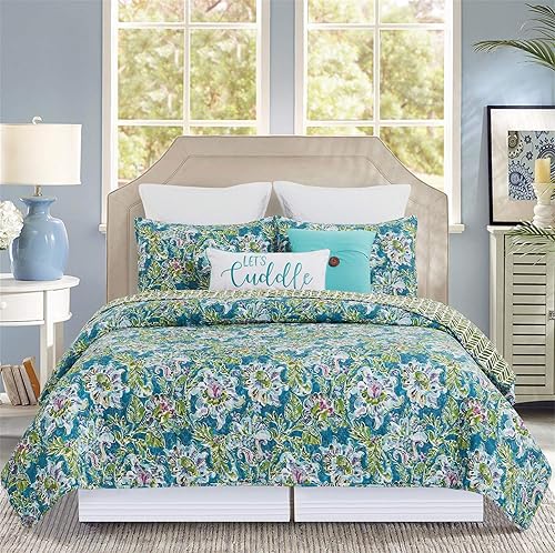 Miniatura 2 de C&F Home Juego de edredón reversible de 3 piezas de algodón, lavable a máquina, color violeta, morado, azul y verde, diseño de espiga, color azul