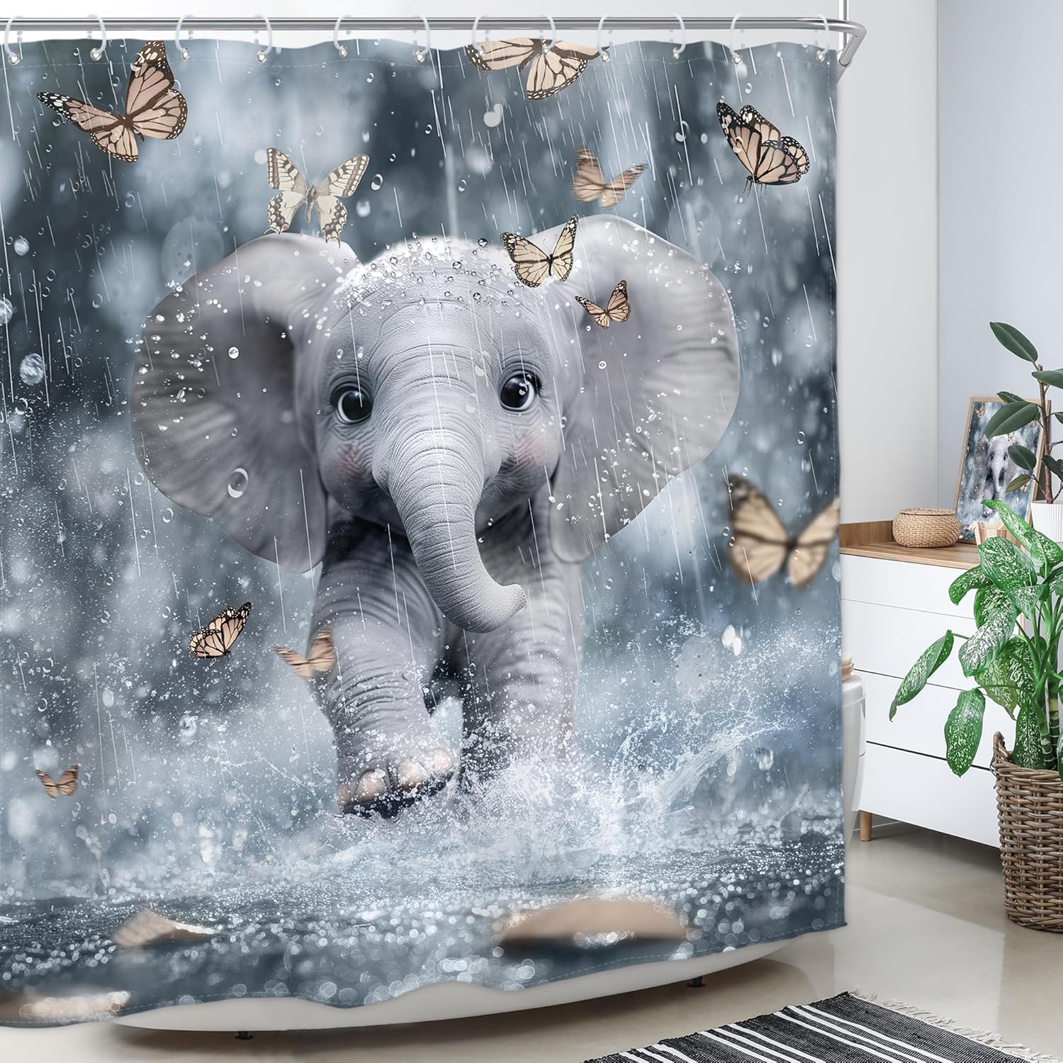 Homewelle Funny Elephant Shower Curtain Kids Cute African Animal Playing Water Butterfly Cartoon Wildlife Lovely 60Wx72H Inch for Kids Waterproof Polyester Fabric Bathroom Bathtub