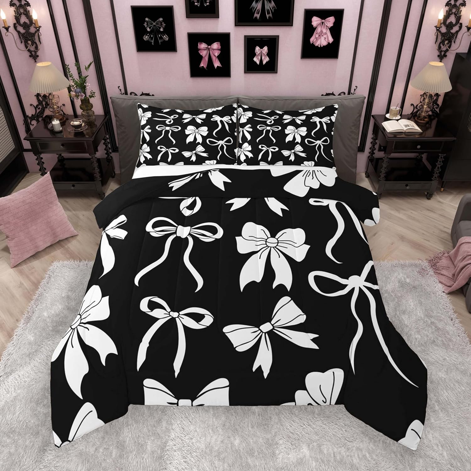 Feelyou Bow Comforter Set All Season Cute Bowknot Bedding Set with 1 Pillow Cases Cherry Fruit Microfiber Kids Twin Bedclothes Bedroom Decor Duvet Quilt Breathable Soft Lightweight