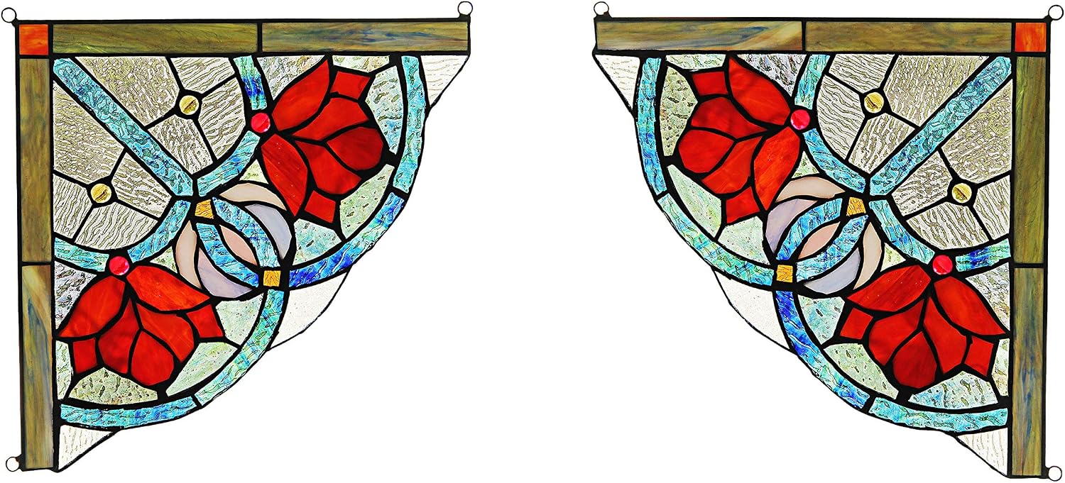 Victorian Tiffany-Glass Panel Window Corner 10" Wide, 2pcs Set