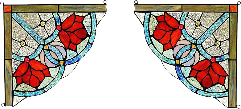 Victorian Tiffany-Glass Panel Window Corner 10" Wide, 2pcs Set