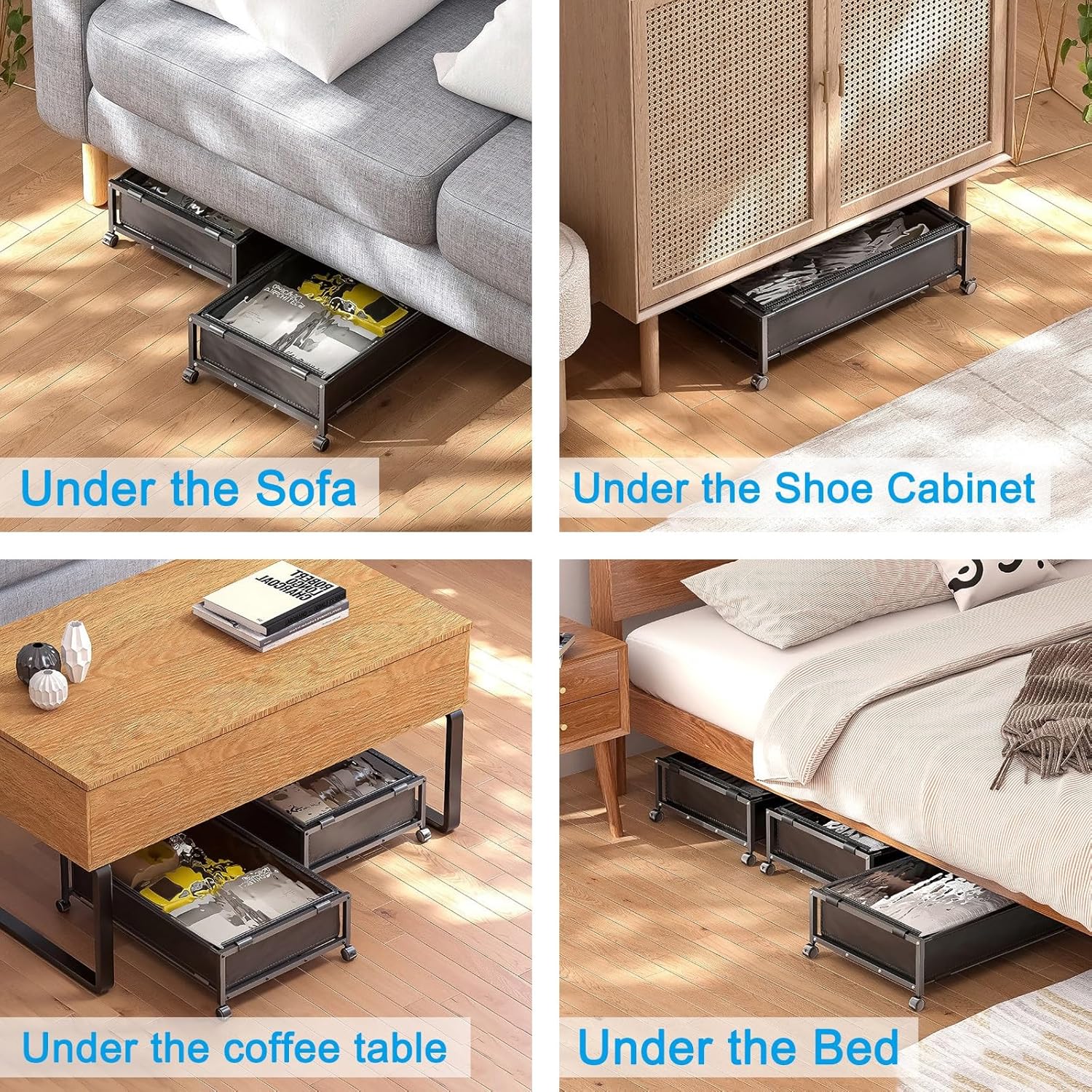 2 Pack Under Bed Storage with Wheels, Under Bed Storage Boxes, 360° Swivel Wheels, Transparent Top, for Clothes, Toys, Blanket, Shoes