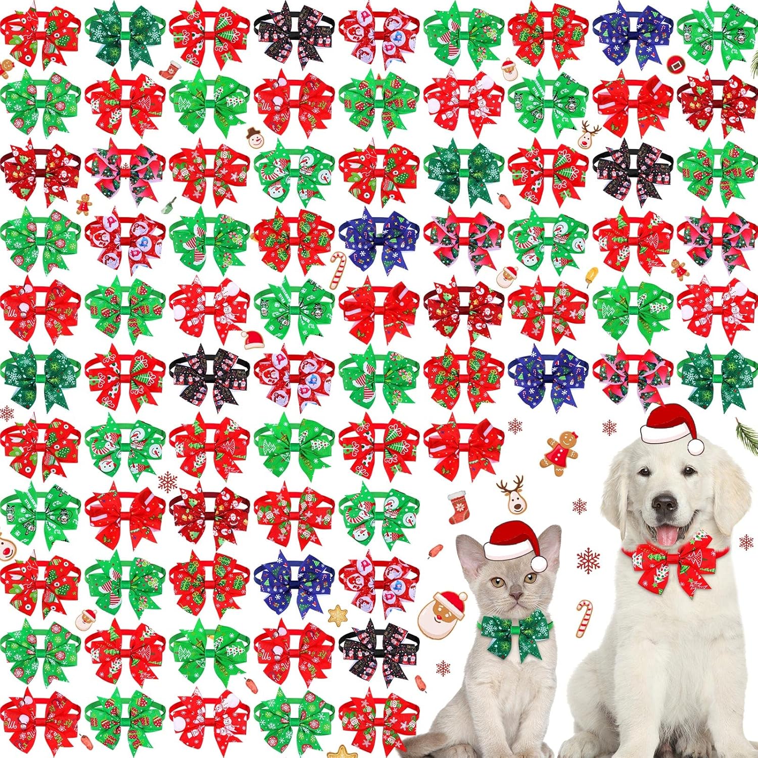 Maitys 80 Pcs Christmas Collars for Dogs, Christmas Dog Bow Winter Bows for Dogs Xmas Tree Bow tie Dog Adjustable Collar Grooming Hair Bows for Xmas Holiday Pet Accessories