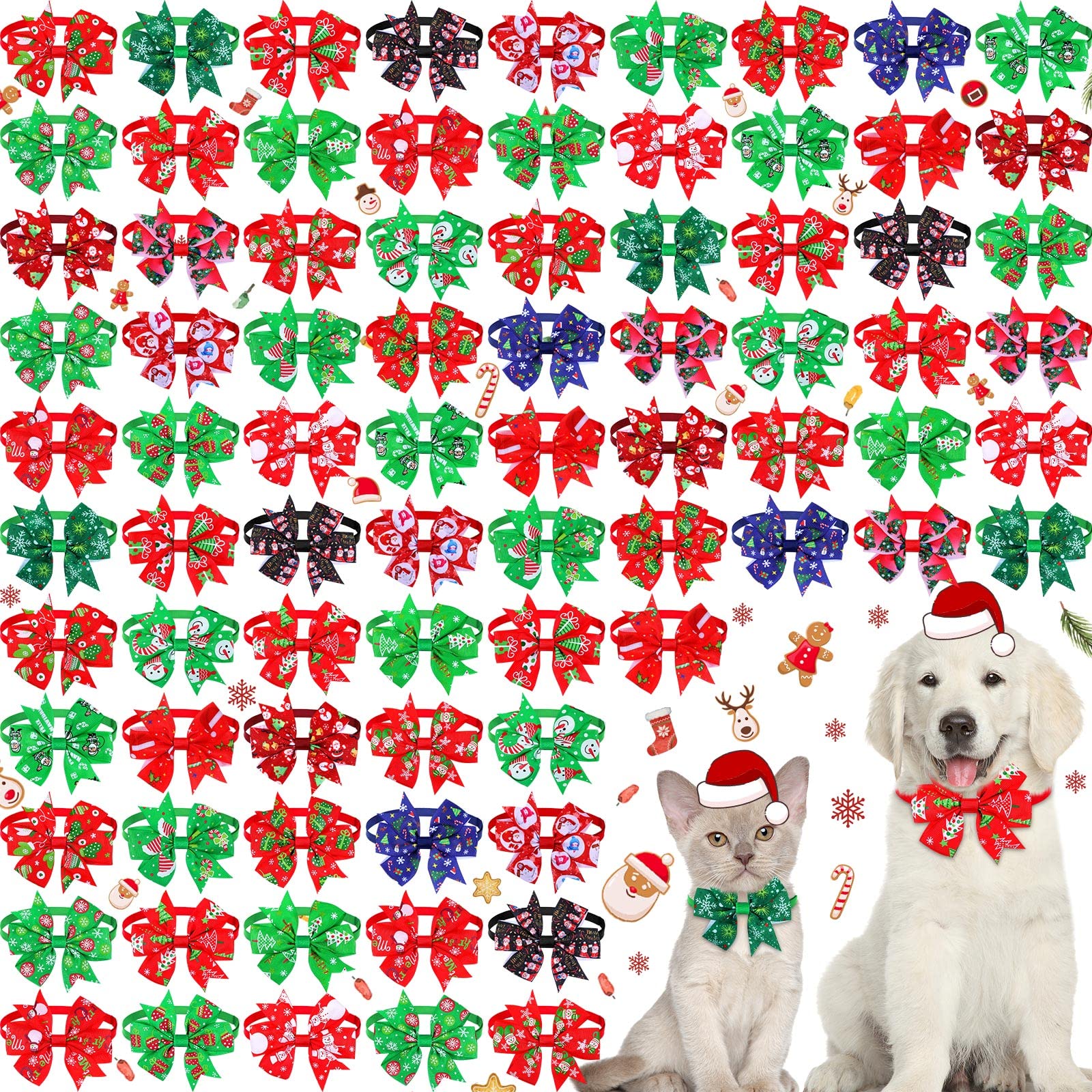 Maitys 80 Pcs Christmas Collars for Dogs, Christmas Dog Bow Winter Bows for Dogs Xmas Tree Bow tie Dog Adjustable Collar Grooming Hair Bows for Xmas