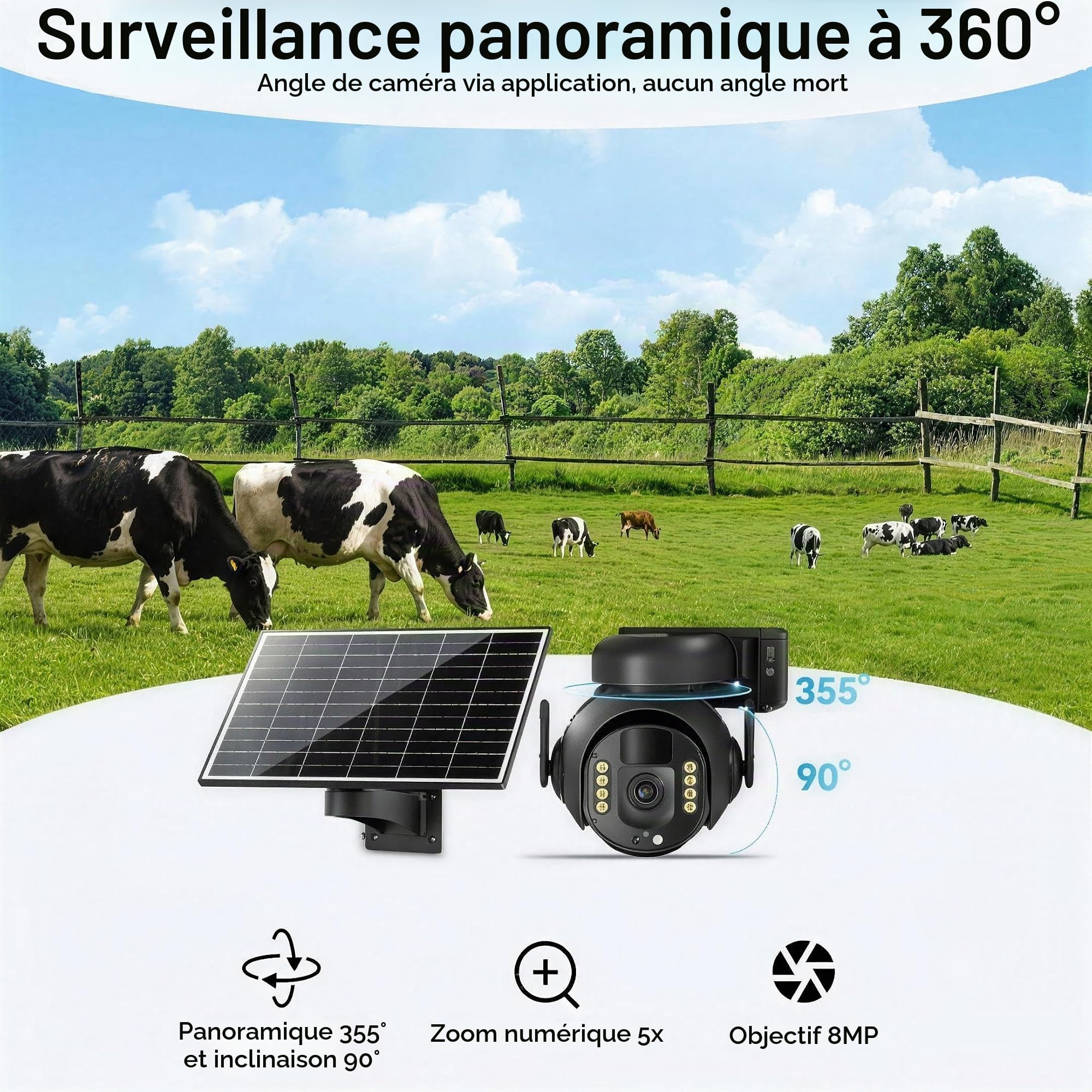 4K Caméra de Surveillance - PTZ 360° Extérieure Étanche avec Zoom 5X, Caméra Solaire 4G LTE pour Sécurité Domestique, Inclus Carte SIM 300Mo et Carte SD 64Go (8MP), Medium