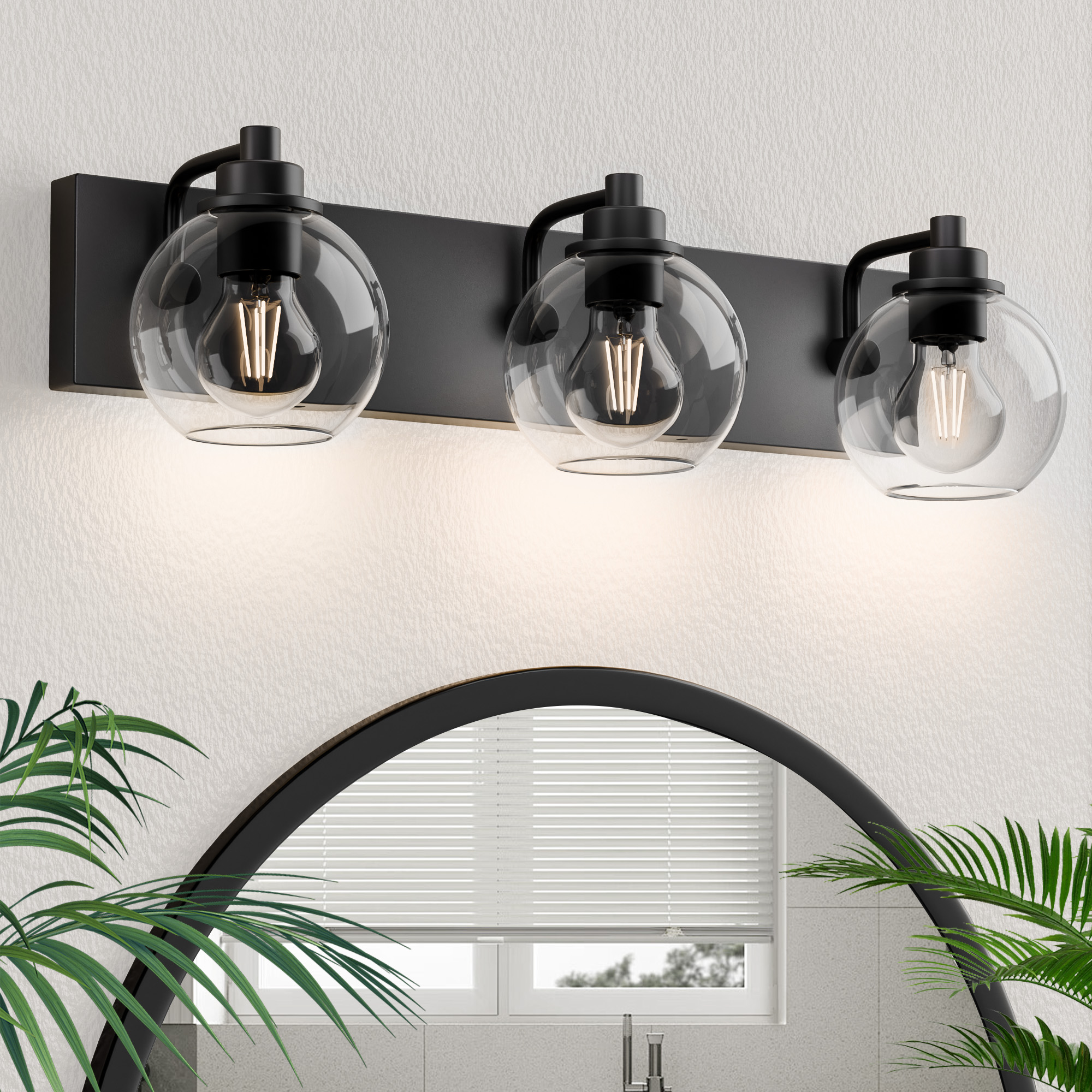 Image of Bathroom Light Fixtures-Matte Black Vanity Lights for Bathroom, Modern Black Vanity Lights 3-Light Bathrooms Lighting Fixtures Over Mirror with Clear Glass Shade