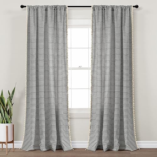 Lush Decor Par de paneles de cortinas para ventana con borlas y rayas horizontales estilo costero, estilo bohemio, 52 pulgadas de ancho x 84