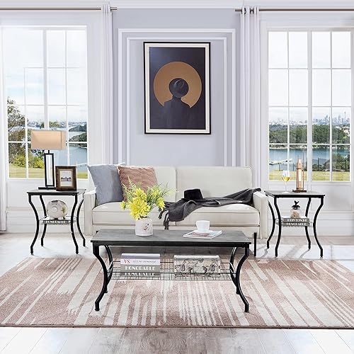 Miniatura 6 de VECELO Juego de 3 piezas para sala de estar, mesas auxiliares y mesas auxiliares con estantes de almacenamiento abiertos para apartamento, oficina