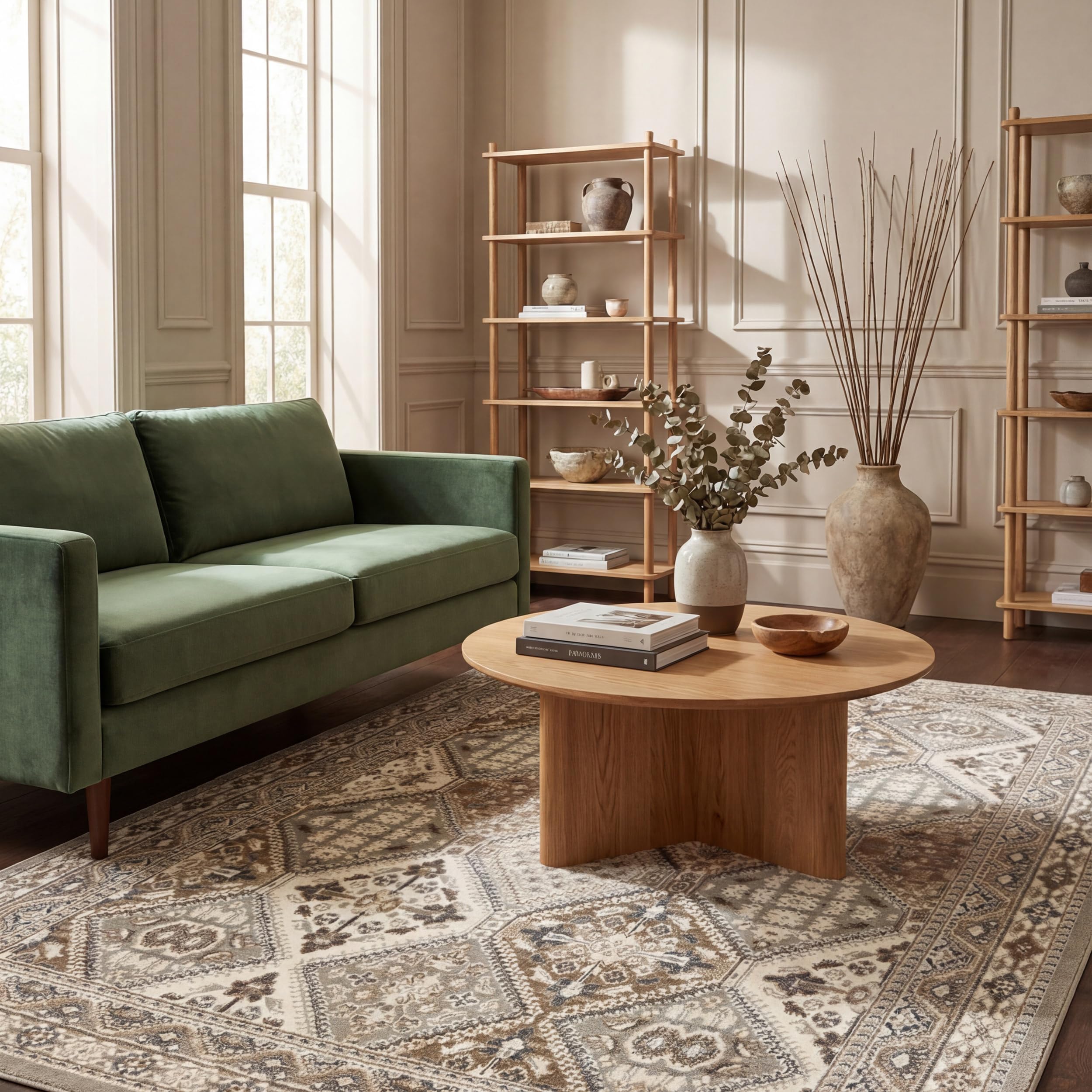 3x5 Becca Traditional Tiled Area Rug, Taupe, Faded Transitional Design, Stain Resistant, For Bedroom, Dining Room, Living Room, Hallway, Office, Kitchen, Entryway