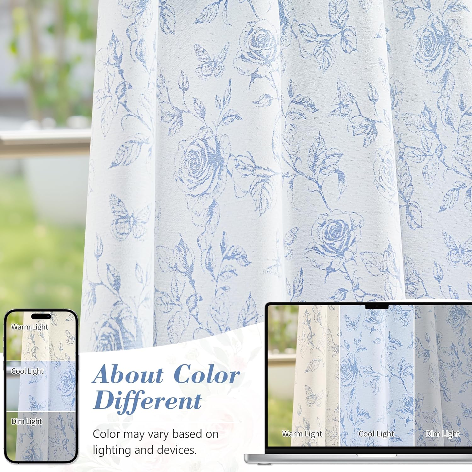 FMFUNCTEX Blue Floral Jacquard Curtains for Bedroom, Rose Flower Patterned Curtains 84 Inches Long Light Filtering Drapes for Living Room, Double Sided Design Drapes Grommet Top 2 Panles - Image 8