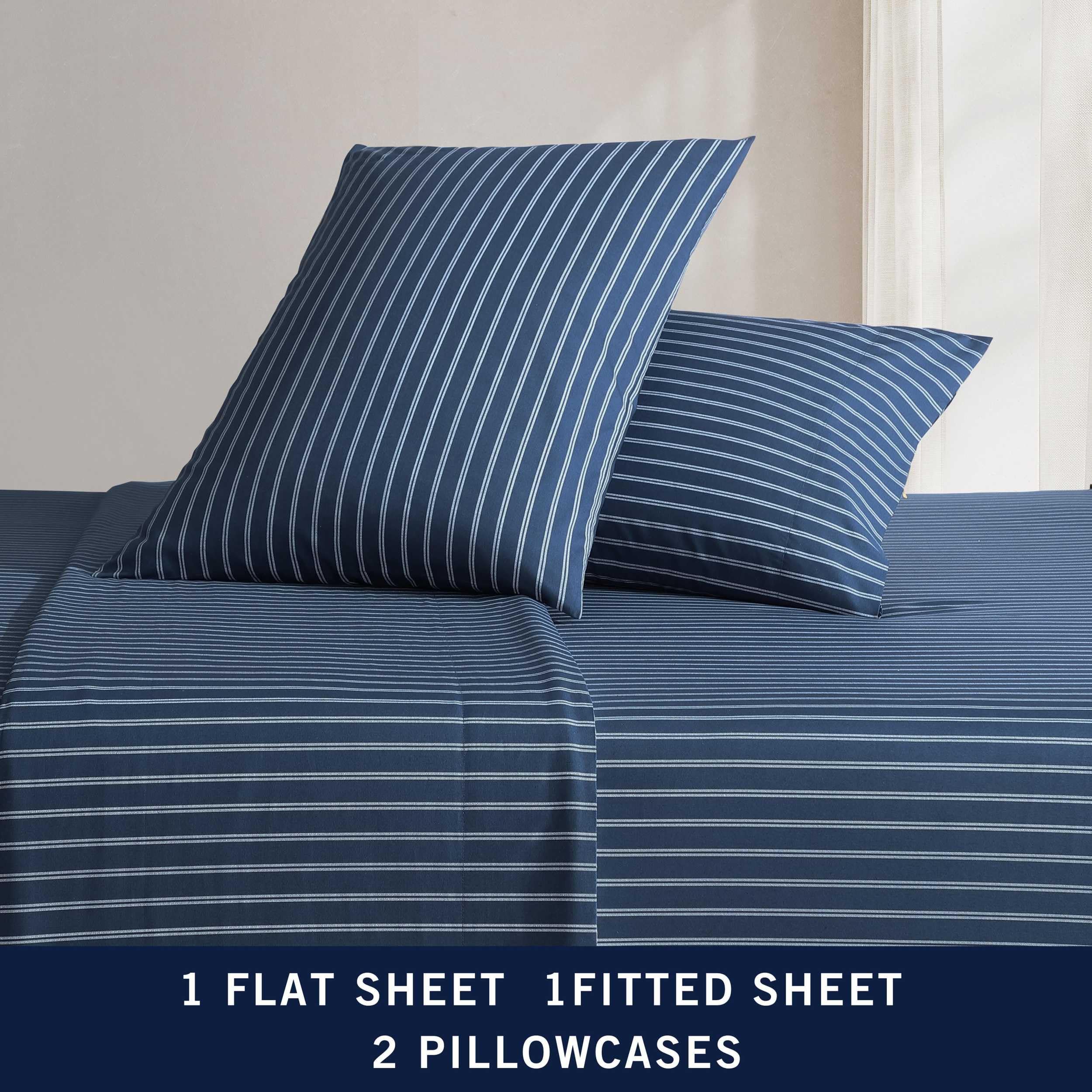 Nautica - Sábanas tamaño Queen, Juego de Ropa de Cama de percal de algodón, decoración del hogar a Rayas, Certificado Oeko-Tex (Richmond Stripe Blue, Queen)