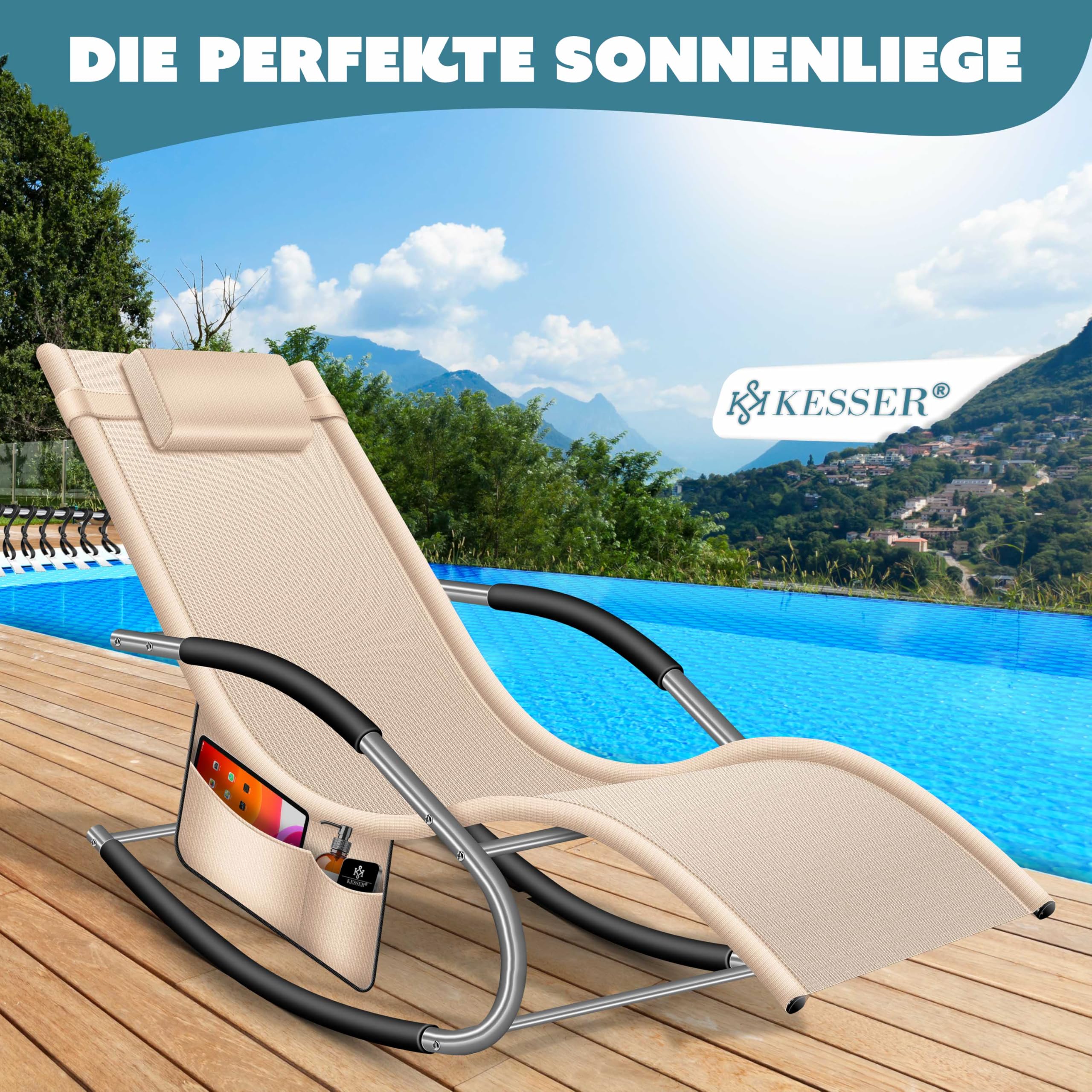 KESSER® Lettino da sole e da relax | Lettino a dondolo e da giardino | Sedia pieghevole e a sdraio | Poltrona a dondolo con seduta reclinabile ergonomica