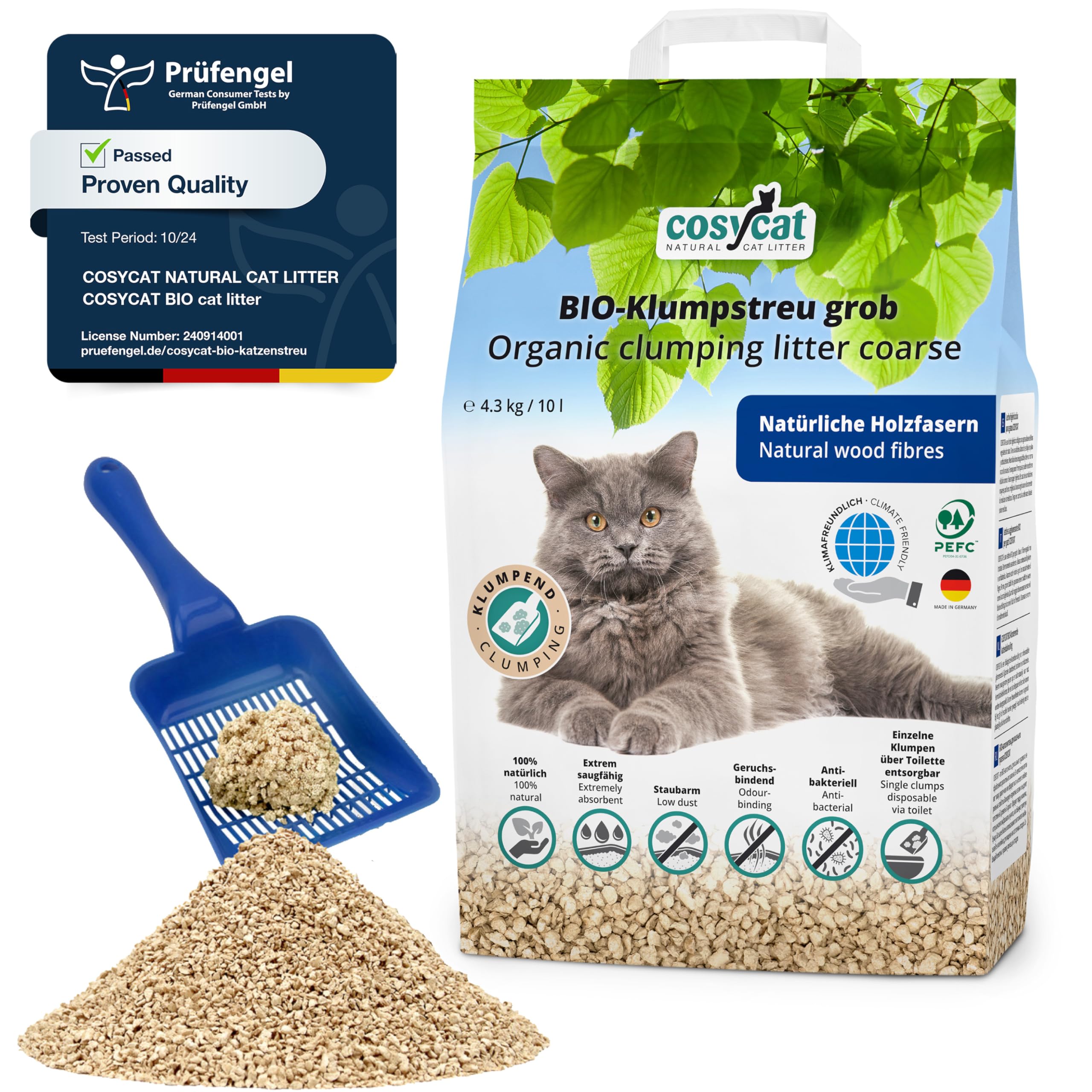 COSYCAT organic CLUMPING Wood Granule cat litter, 100% Natural Wood/Vegetable Fibre product, dust-free (Coarse 1x10l)