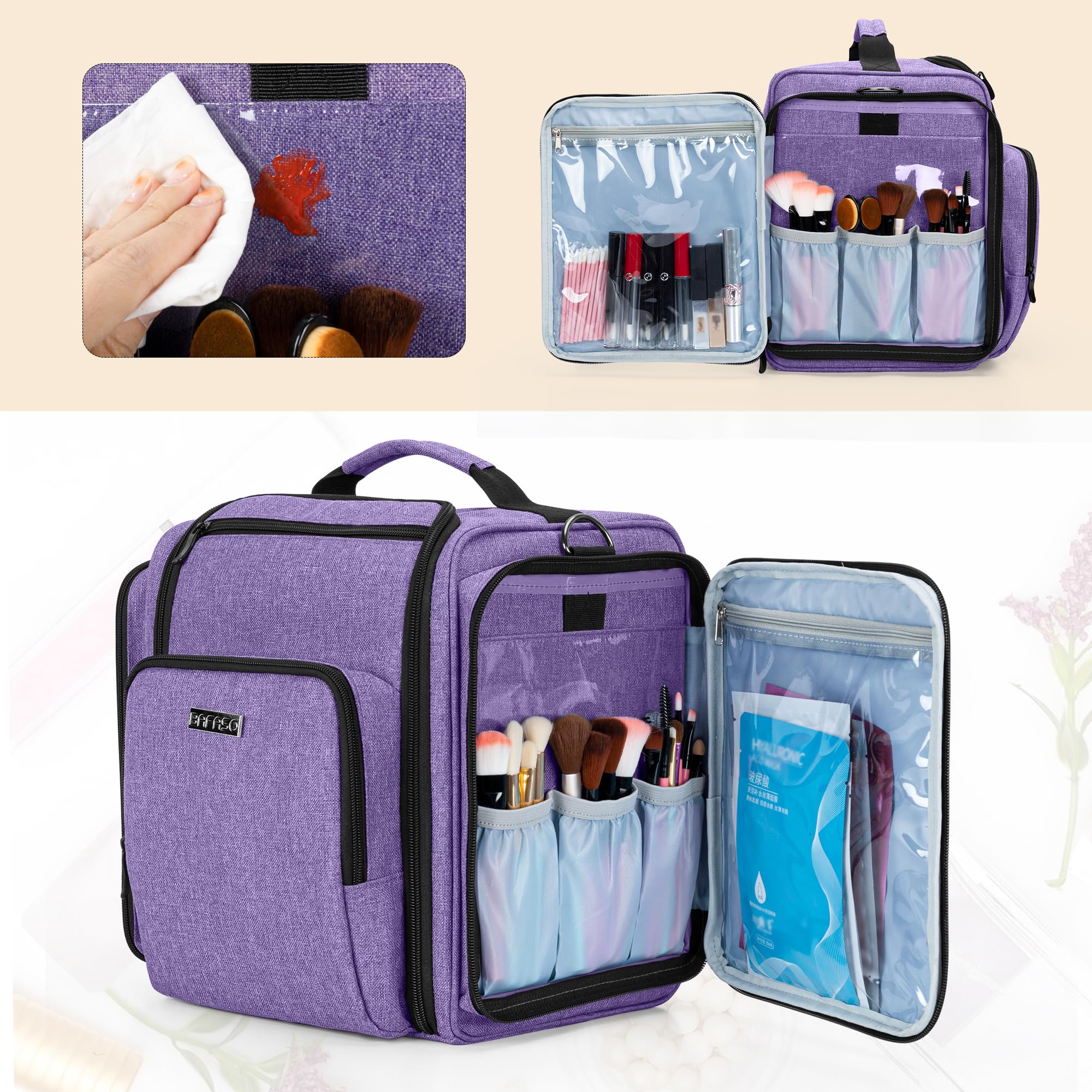 BAFASO Bolsa de Maquillaje Bolsa de Cosméticos con 4 Bolsillos, Púrpura | Estuche Multifuncional de Maquillaje de Viaje, Bolsillos Internos Extraíbles