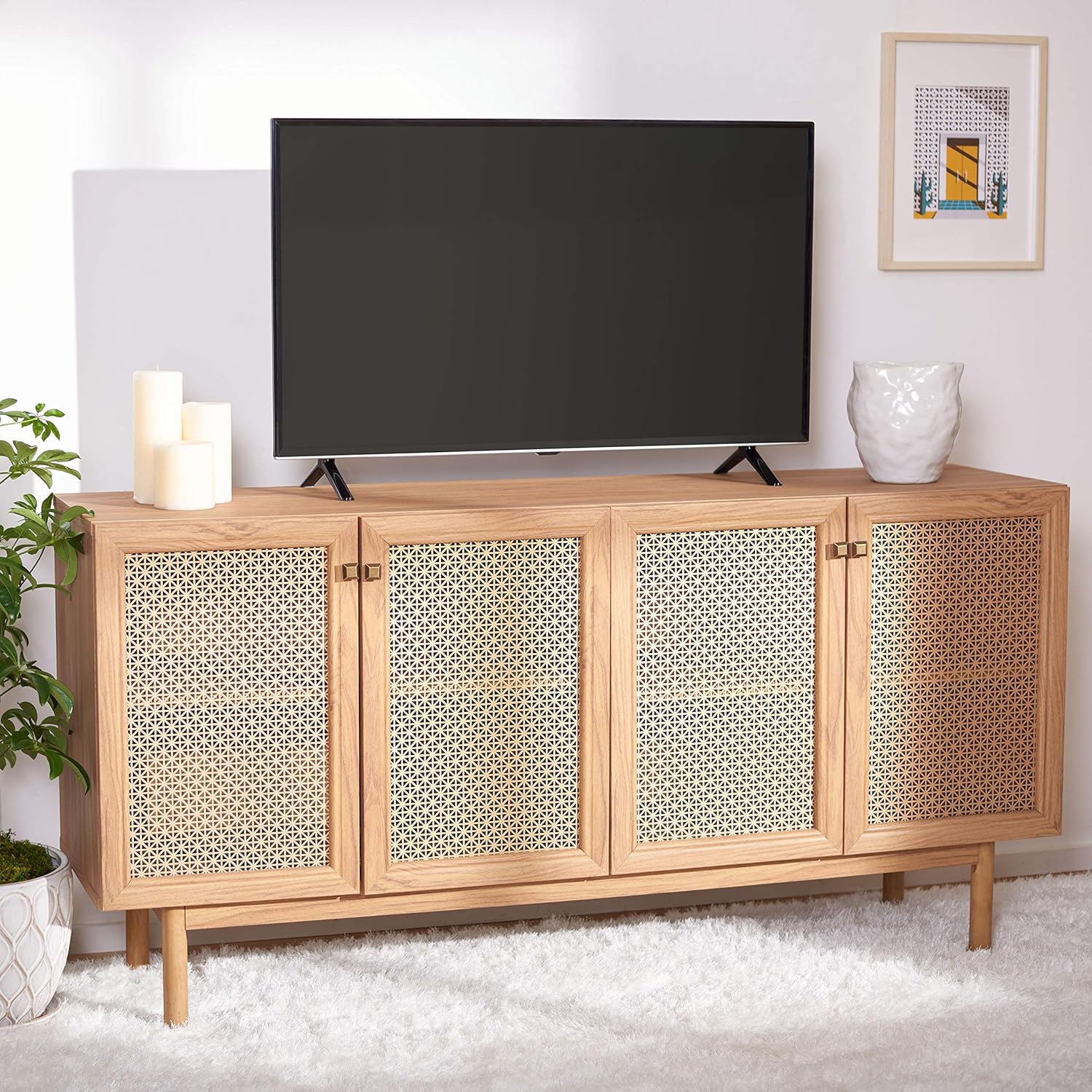 SAFAVIEH Piran TV Stand for up to 70" Flatscreen – Oak Brown & Gold, 4 Doors with Interior Storage, Entertainment Media Console (MED9611D)
