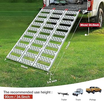 Aluminum Tri-Folding Truck Ramps 1600Lbs Max, Loading Ramps for Pickup Trucks Bed, Trailers Ramp with Load Straps for ATV/UTV, Sweeper Machine, Golf Carts, Touring Motorcycles, Small Tractor