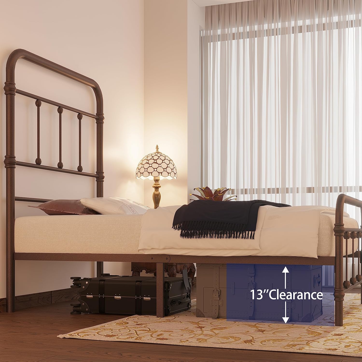 Twin-Bed-Frames with headboard for-Kids Giselle-Vintage Antique Metal - Platform Mattress Foundation,49 inch High,No Box Spring Needed(Brown)