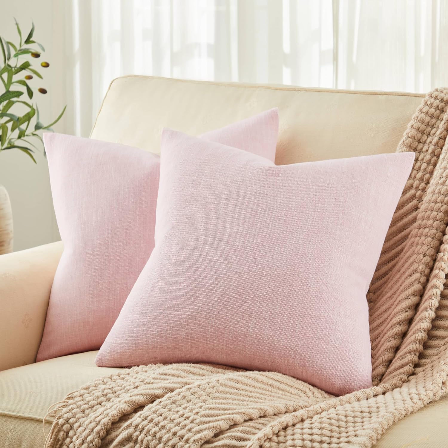 ZeeMart Rustic Cotton Linen Throw Pillow Covers Set of 2, 24x24 Inch Olive, Farmhouse Style Decorative Couch Pillow Cases Cushion Covers for Sofa Bed Living Room Home Decor