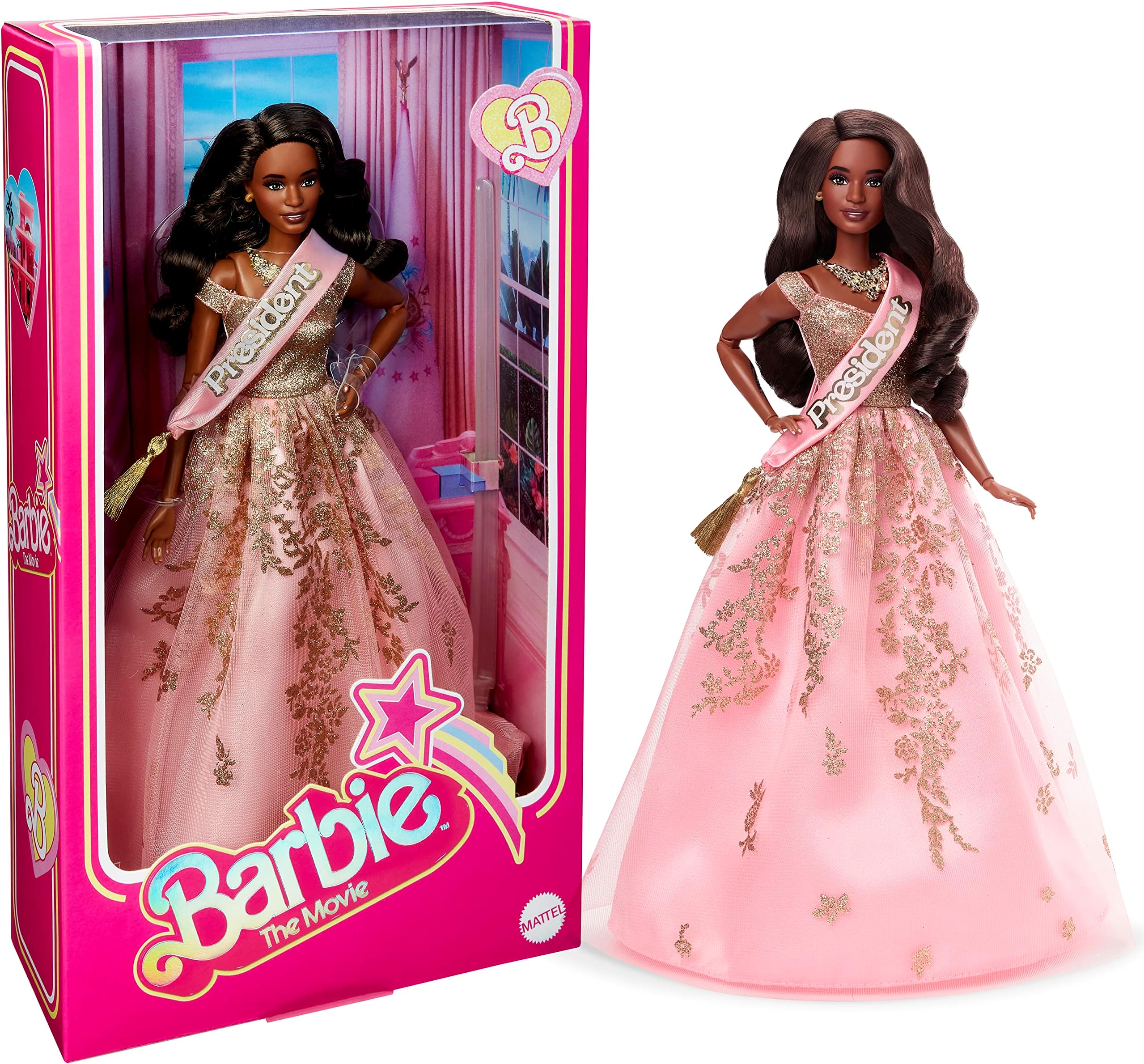 The Movie Doll, President Collectible Wearing Shimmery Pink & Gold Dress with Sash